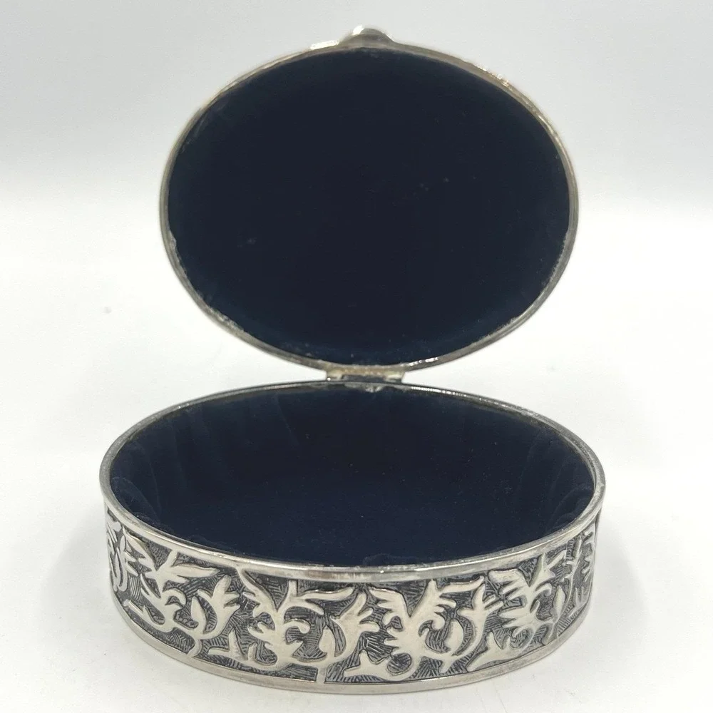Vintage Oval Silver Plated Jewelry Trinket Box Monogrammed Velvet Lined Keepsake
